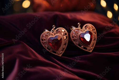 Elegant heart-shaped earrings on a velvet cushion, close-up with soft lighting