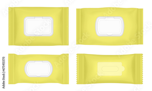 Wet wipes packaging with flap. Yellow flow pack mockup. Pouch of wet toilet tissue. Antibacterial napkins.