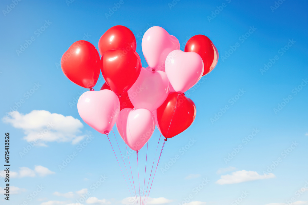 Heart-shaped red and pink balloons against a bright blue sky