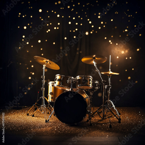 Drumset on spotlight on empty stage golden lights