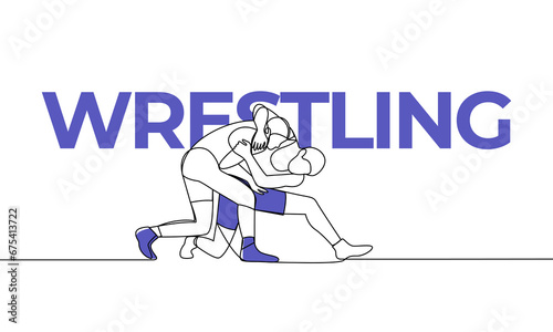 Single continuous drawing of two men fighting. Wrestling. Sport. Colored elements and title. One line vector illustration photo