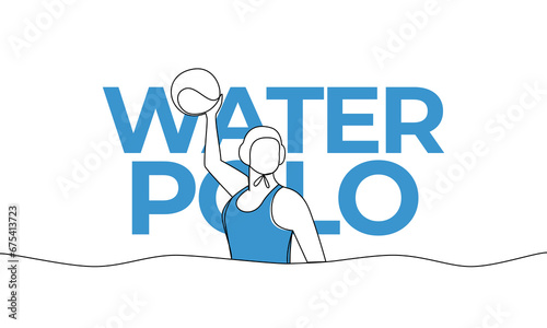 Single continuous drawing of a woman in the water with a ball. Water Polo. Sport. Colored elements and title. One line vector illustration