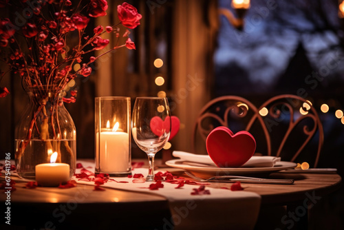 Romantic candlelit dinner setting with heart-shaped decorations, evening mood