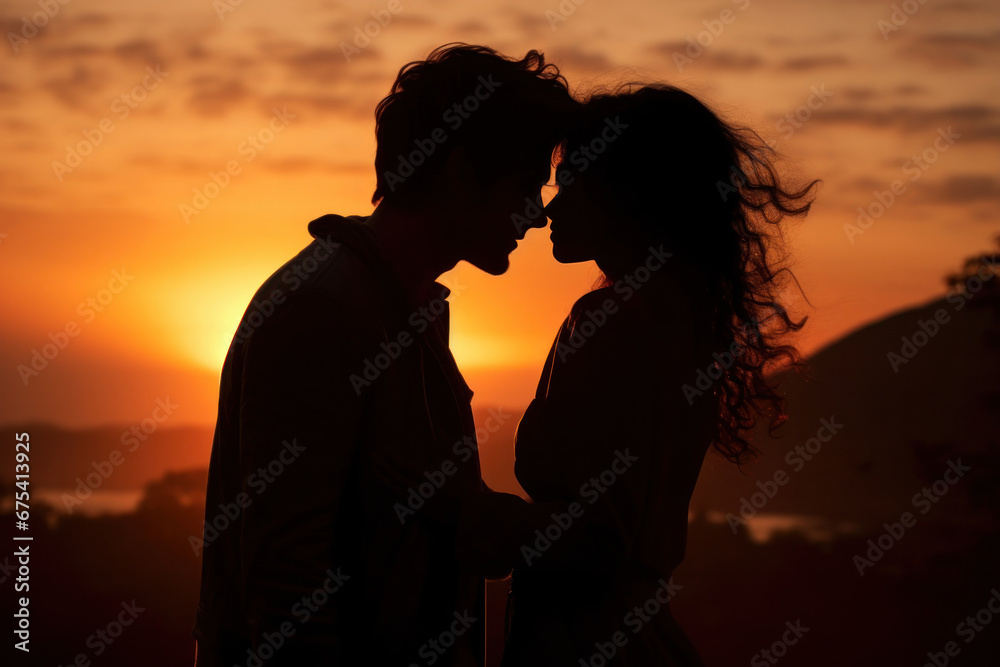 Silhouette of a couple kissing against a sunset, warm tones and soft focus