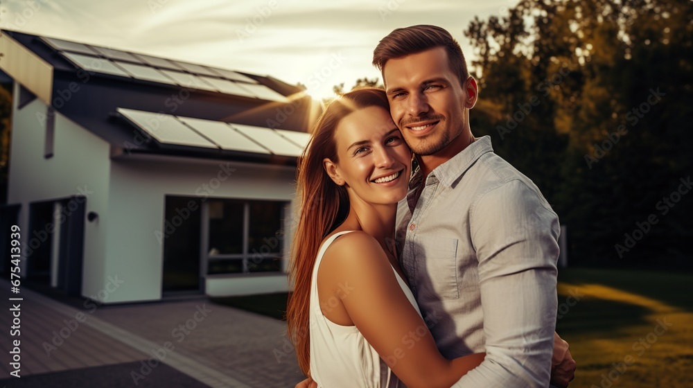 Couple in the house with solar panels. Happy caucasian couple standing on front of a house with solar panels. Smiling couple standing in the driveway of a large house. Couple in the house with solar panels. Happy caucasian couple standing on front of a house with solar panels. Smiling couple standing in the driveway of a large house.