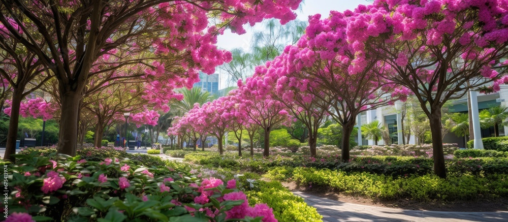 Naklejka premium In the vibrant city during the colorful summer the park transformed into a blooming garden adorned with exquisite pink flowers and lush green leaves creating a delightful showcase of nature