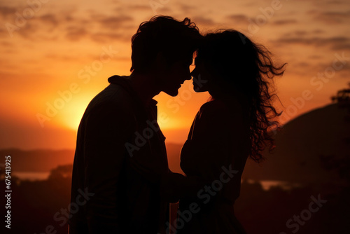 Silhouette of a couple kissing against a sunset, warm tones and soft focus