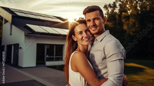 Couple in the house with solar panels. Happy caucasian couple standing on front of a house with solar panels. Smiling couple standing in the driveway of a large house.  © Naknakhone