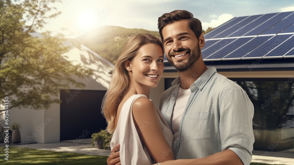 Couple in the house with solar panels. Happy caucasian couple standing on front of a house with solar panels. Smiling couple standing in the driveway of a large house. 