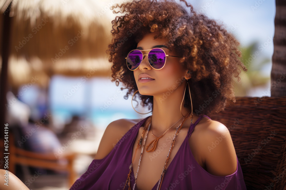Φωτογραφία Afro-american woman model wearing a purple sundress at the beach