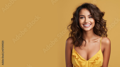 Indian woman model wear yellow sundress isolated on pastel background
