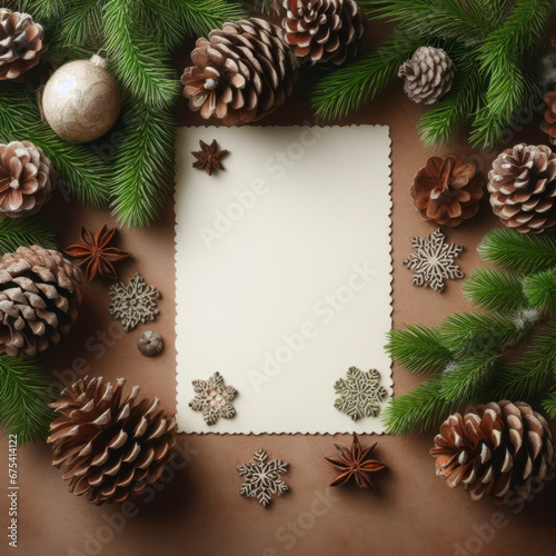 christmas stationery blank card pine cones and green christmas tree branches background. ai generative