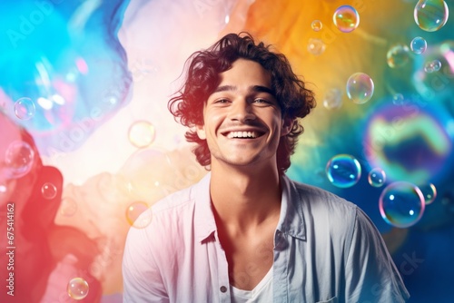 happy smiling man on colorful background with rainbow soap balloon with gradient