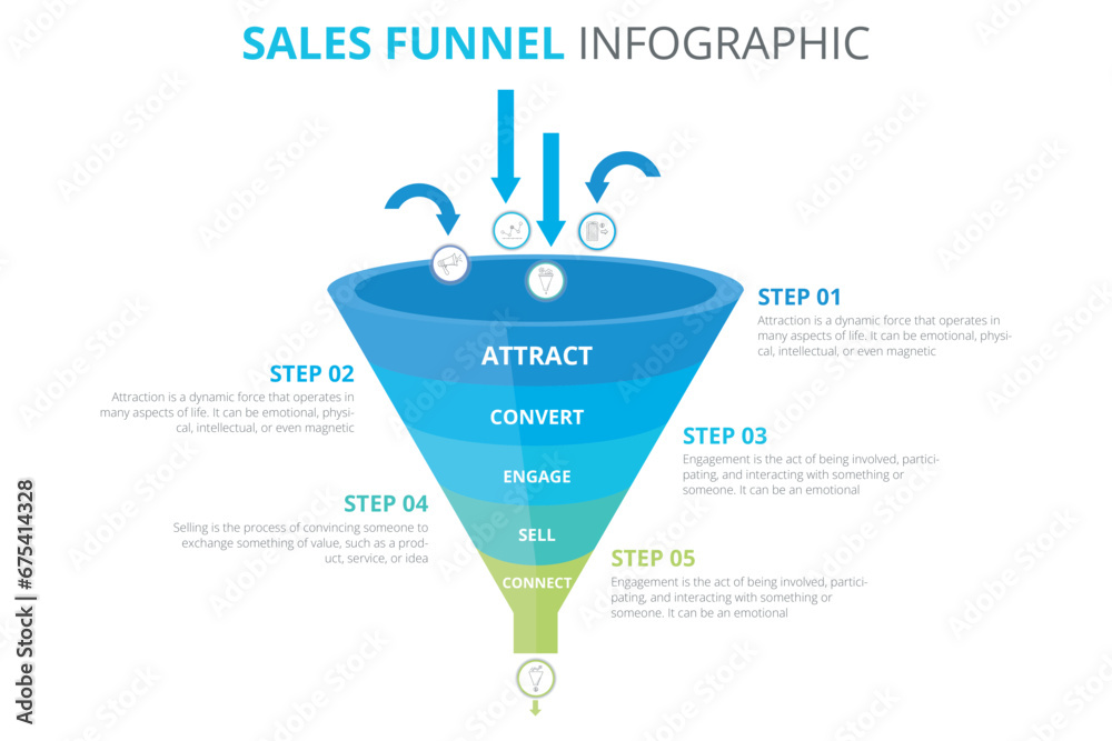 Infographic template for business. 5 Level Modern Sales funnel diagram with arrows, presentation vector infographic. - obrazy, fototapety, plakaty 