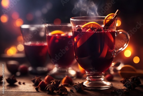 A cup of steaming hot mulled wine with spices. ai generative