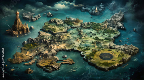 Aged map of mythical lands, Fantasy exploration, Dragons, mermaids, and uncharted territories,