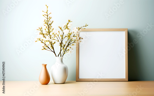 Empty square frame wooden mockup on wooden table