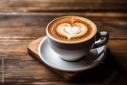 Cup of hot latte with heart shaped foam on wood background. Generative AI