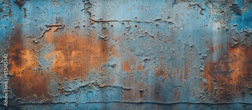 The abstract pattern on the grunge blue metal wall creates an intriguing background design with an isolated texture evoking the passage of time and the old rusty charm of steel and iron