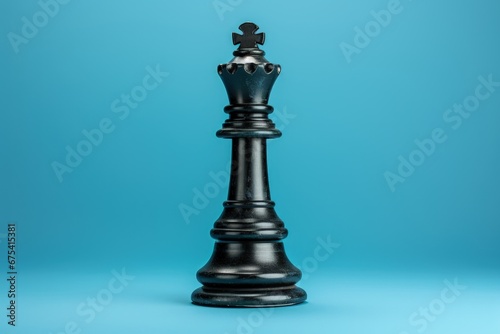 Chess king isolated on blue background, black chess piece, Generative AI