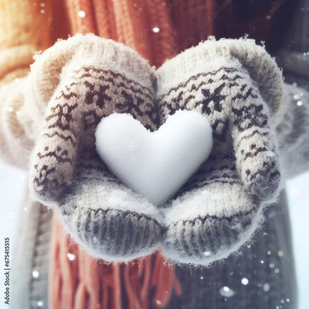 Fototapeta premium Female hands in knitted mittens with heart of snow in winter day. ai generative