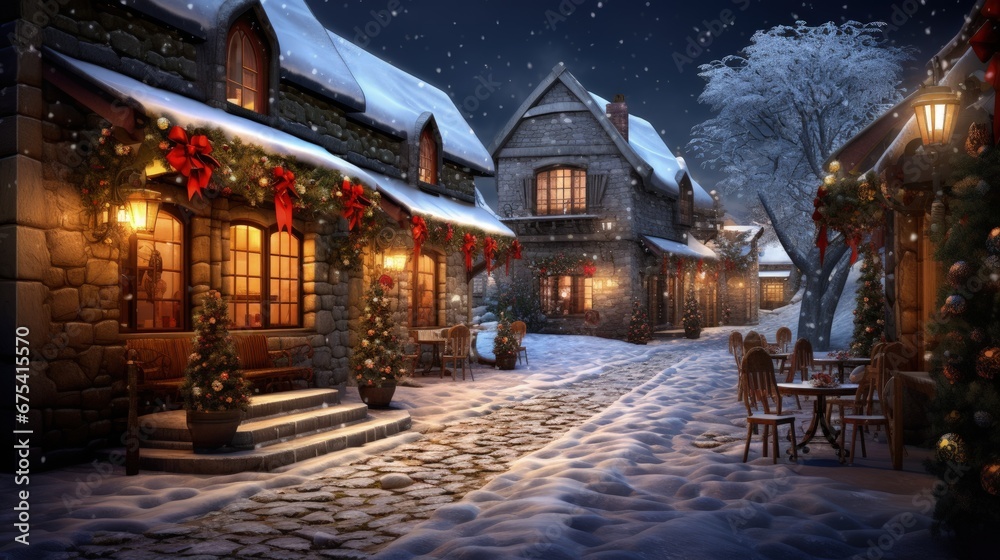 Fototapeta premium Village covered in snow and with Christmas decorations, Christmas scene in an ancient city, Generative AI