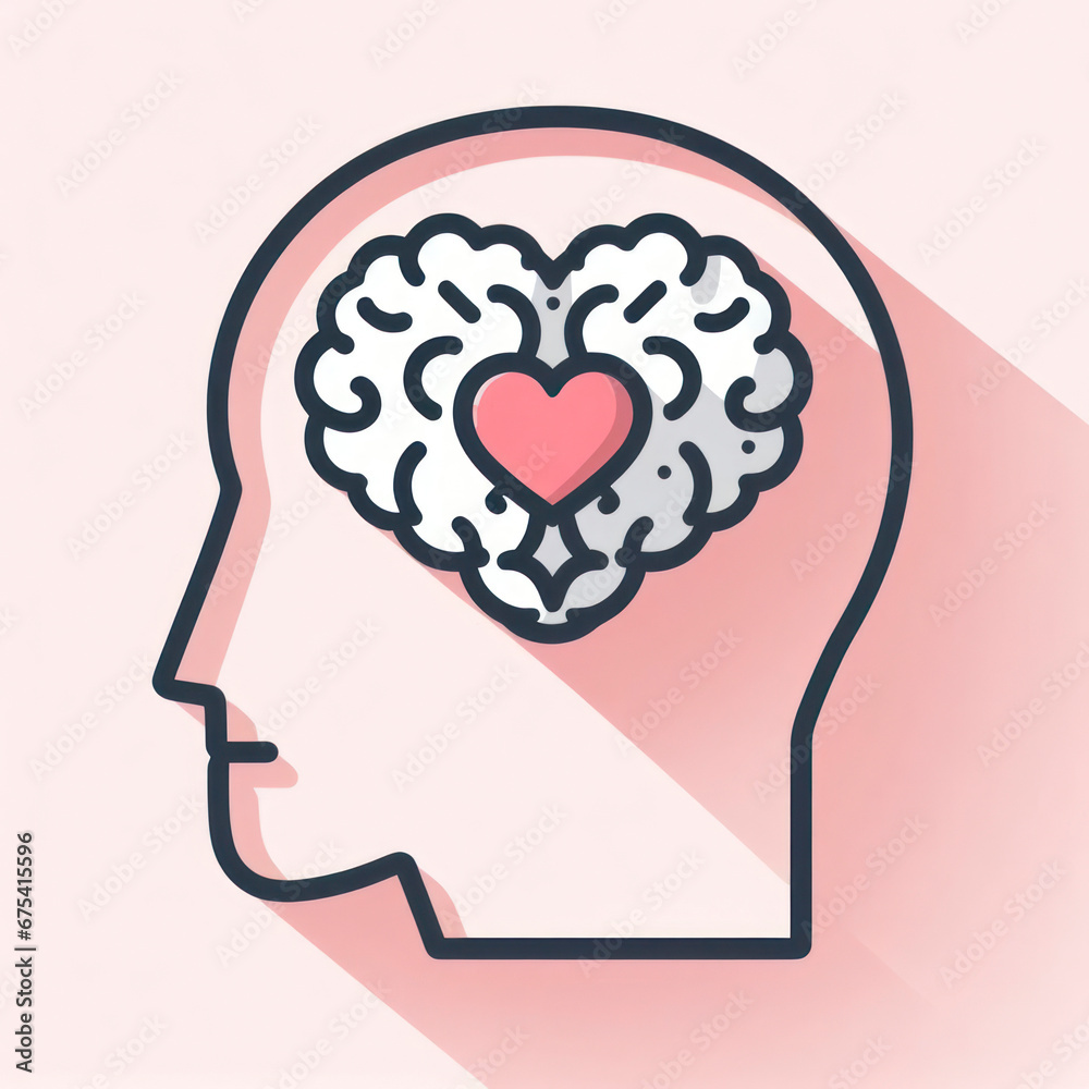 Head and brain outline with heart concept. ai generative