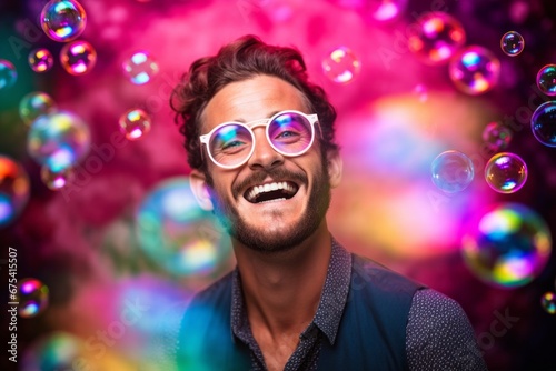 happy smiling man on colorful background with rainbow soap balloon with gradient