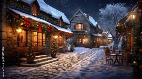 Village covered in snow and with Christmas decorations, Christmas scene in an ancient city, Generative AI