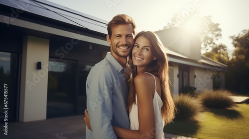 Couple in the house with solar panels. Happy caucasian couple standing on front of a house with solar panels. Smiling couple standing in the driveway of a large house. 