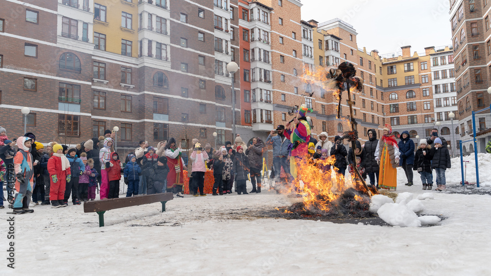 Saburovo, Russia, February 28, 2023: festivities on Maslenitsa - obrazy, fototapety, plakaty 