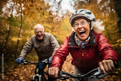 Happy elderly couple riding bicycles in the park with trees, Man and woman riding bicycles, Generative AI