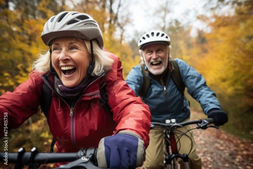 Happy elderly couple riding bicycles in the park with trees, Man and woman riding bicycles, Generative AI