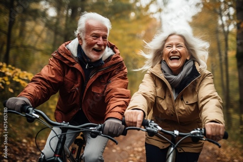 Happy elderly couple riding bicycles in the park with trees, old man and old woman riding a bicycle, Generative AI