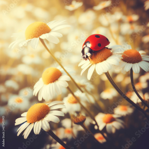 red ladybug on camomile flower, ladybird creeps on stem of plant in spring in garden in summer. ai generative
