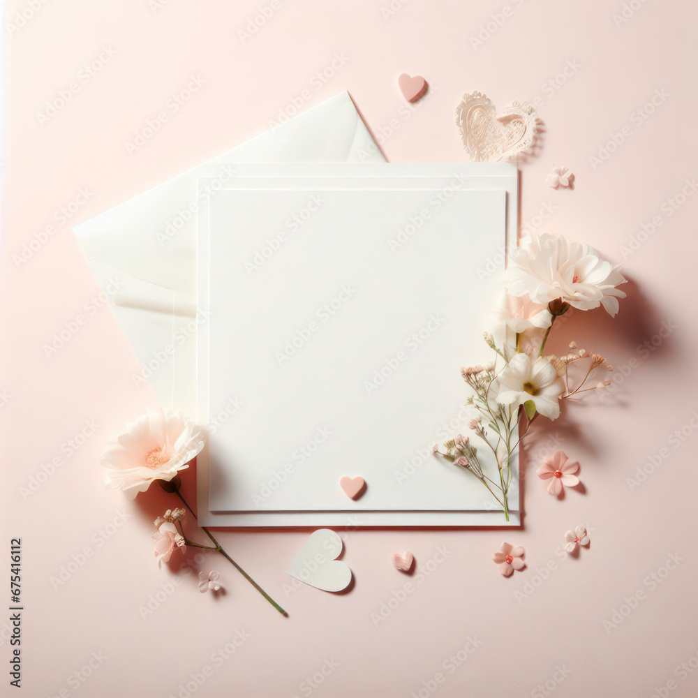 White blank greeting card on the pastel background with flowers, love letter. ai generative