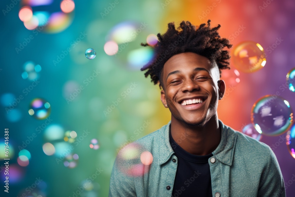 happy smiling african american man on colorful background with rainbow soap balloon with gradient