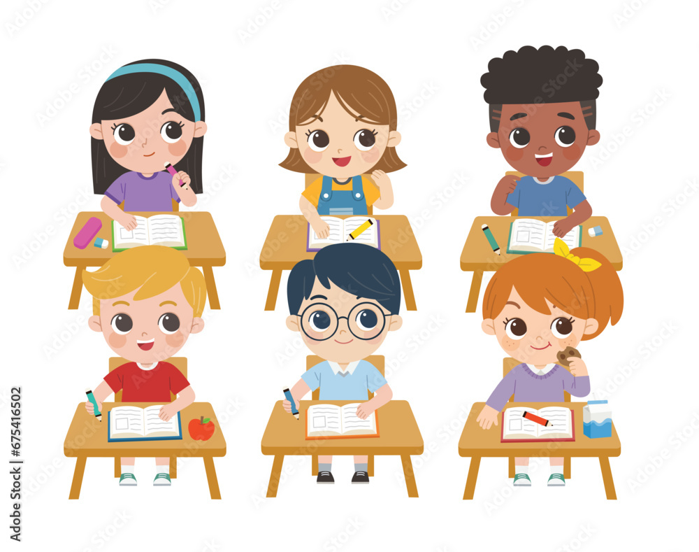 Children sitting at school desk and doing homework. Children sitting at school desk and doing homework.