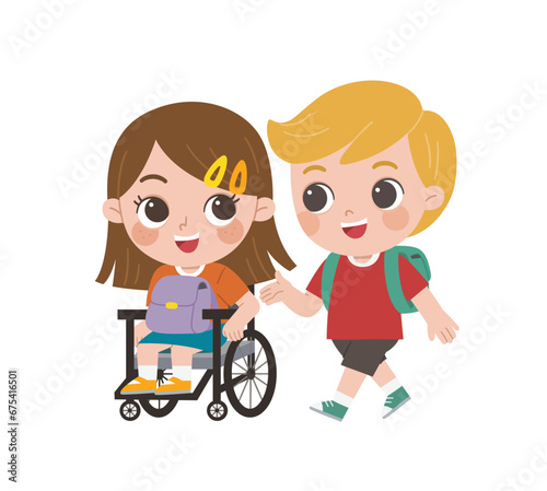 Happy smiling disabled girl in wheelchair talking her friend having fun. Disabled child in a wheelchair with her friends.