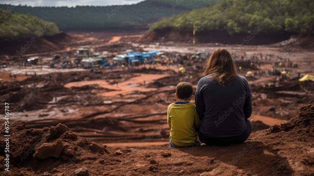 Woman and child with their backs looking at a village destroyed by mud after a flood, Generative AI