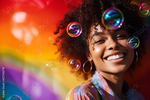 happy smiling african american woman on colorful background with rainbow soap balloon with gradient