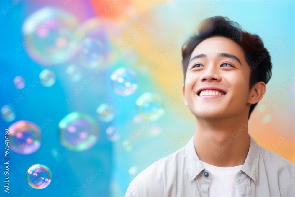 Obraz premium happy smiling asian man on colorful background with rainbow soap balloon with gradient
