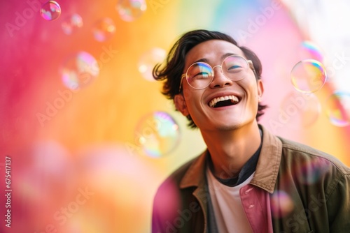 happy smiling asian man on colorful background with rainbow soap balloon with gradient