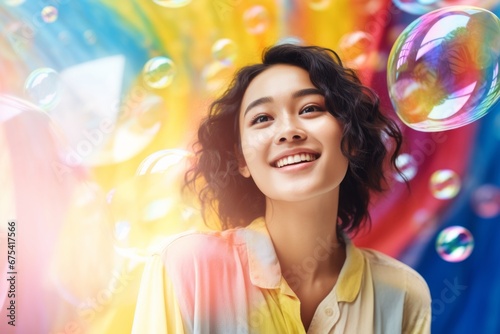 happy smiling asian woman on colorful background with rainbow soap balloon with gradient