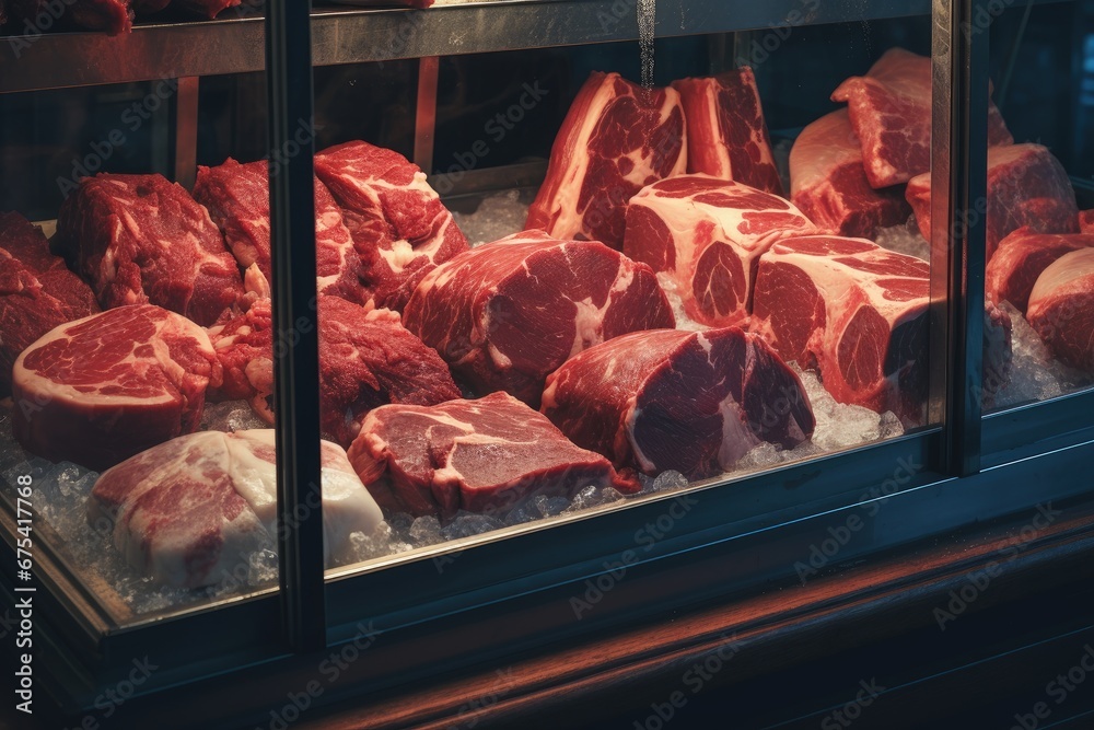 Red meat cuts in glass display case at butcher shop, Generative AI