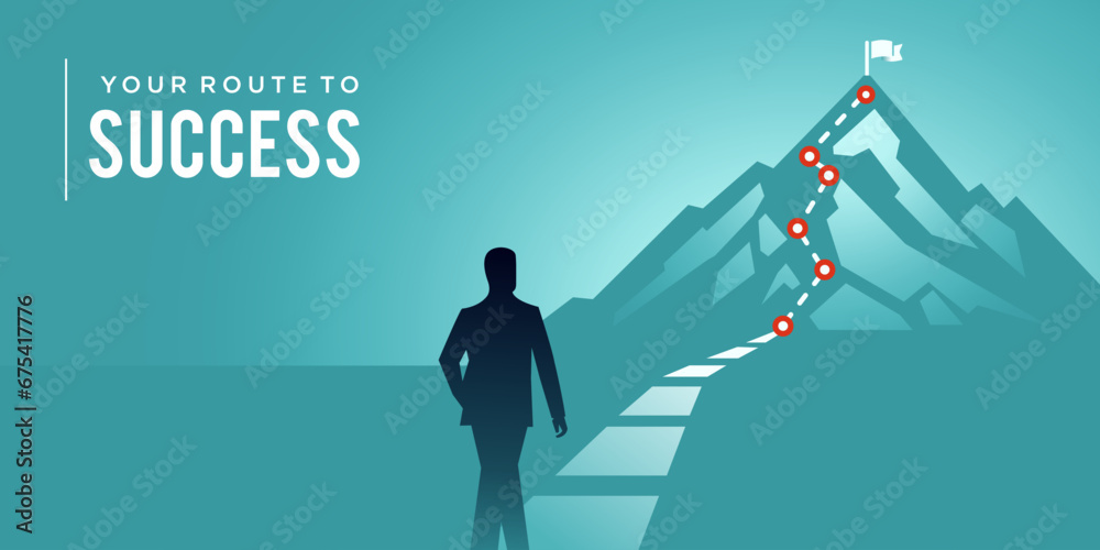 businessman journey concept vector illustration of a mountain with path and a flag at the top, route to mountain peak, business journey and planning concept. - obrazy, fototapety, plakaty 