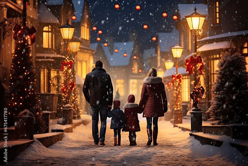 Family walk snowy street decorated for Christmas in a small European town.