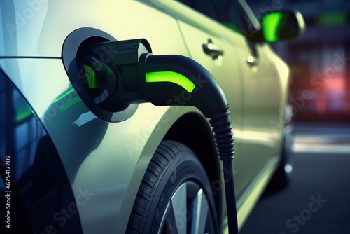 Green electric car charging battery by cable, Generative AI