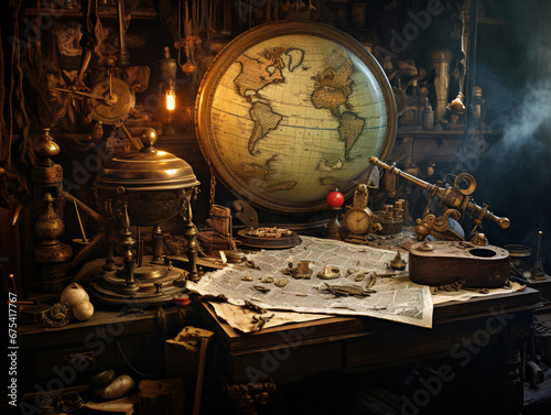 On an old wooden table is a nautical scene with a globe, sextant and other nautical objects. An old abandoned pirate's lair. AI digital art