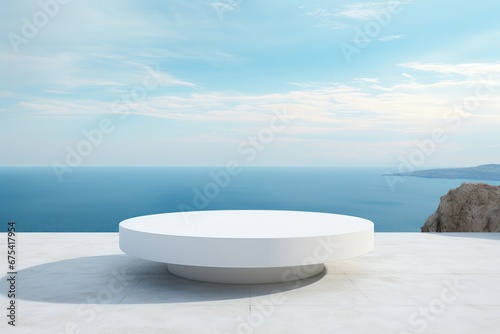 White round display base with seascape in the background, Product display table, Generative AI